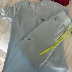 FIGS Sky Blue Scrub Set with Neon Accent